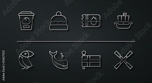 Set line Yogurt container, Albatross, Viking ship Drakkar, Flag of Iceland, Whale, Beanie hat, Oars or paddles boat and Ticket icon. Vector