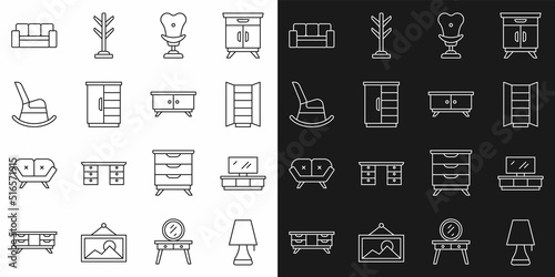 Set line Table lamp, TV table stand, Wardrobe, Armchair, Rocking, Sofa and Furniture nightstand icon. Vector