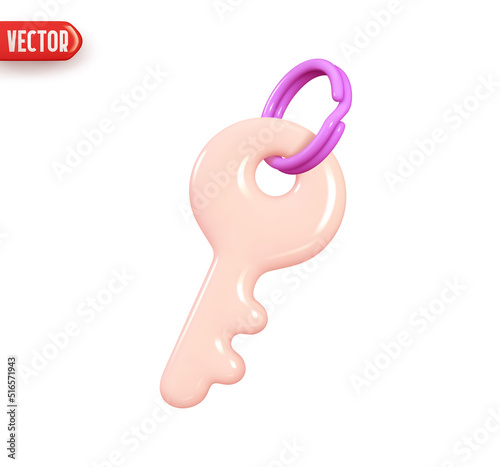 Metal key from the lock. Realistic 3d design element In plastic cartoon style. Icon isolated on white background. Vector illustration