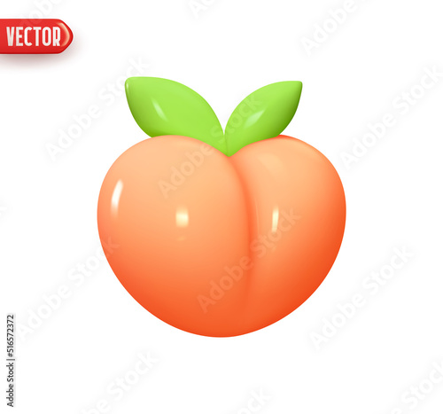Peach fruit. Realistic 3d design element In plastic cartoon style. Icon isolated on white background. Vector illustration