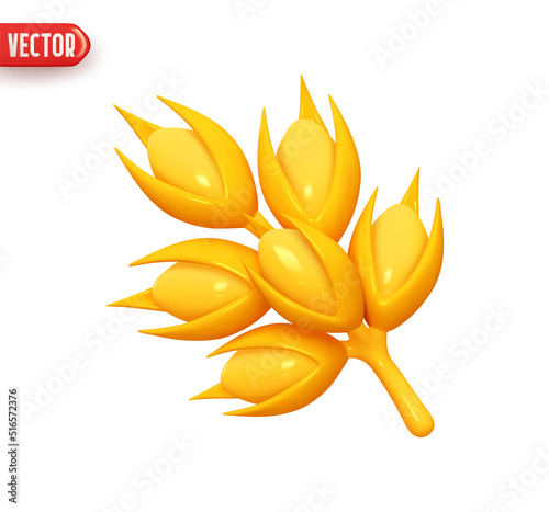Yellow spikelet of wheat. Branch of grain. Realistic 3d design element In plastic cartoon style. Icon isolated on white background. Vector illustration
