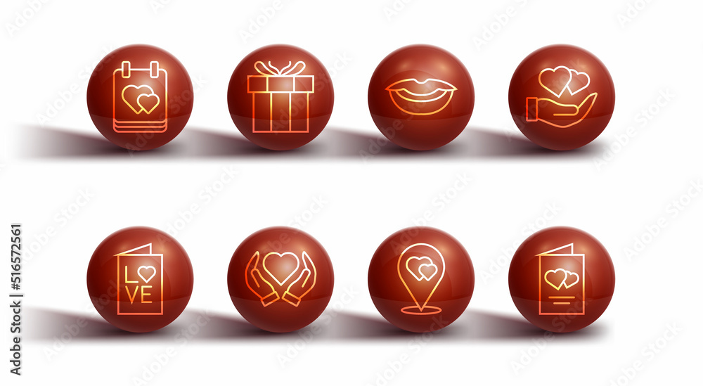 Set line Calendar with heart, Valentines day party flyer, Heart hand, Location, Gift box, and Smiling lips icon. Vector Set line Calendar with heart, Valentines day party flyer, Heart hand, Location, Gift box, and Smiling lips icon. Vector