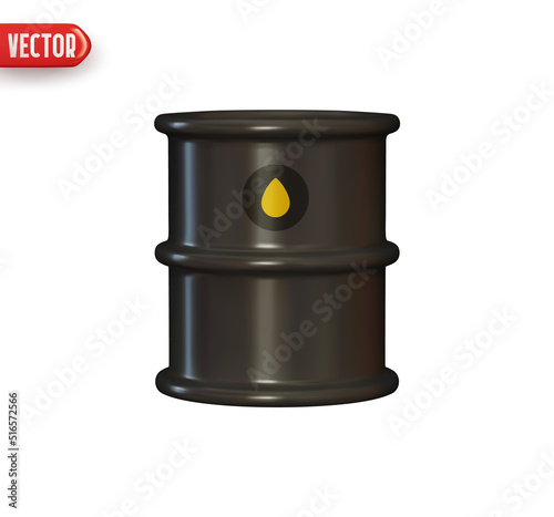 Barrel of oil. Container with fuel. Black Barrel of gasoline. Realistic 3d design element In plastic cartoon style. Icon isolated on white background. Vector illustration