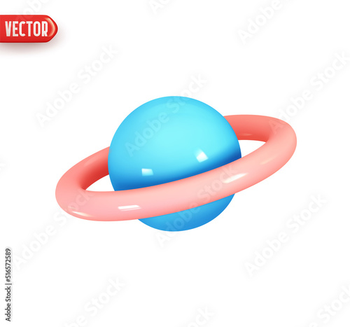 Blue Planet Saturn, Jupiter, Uranus, Neptune, with ring around. Realistic 3d design element In plastic cartoon style. Icon isolated on white background. Vector illustration