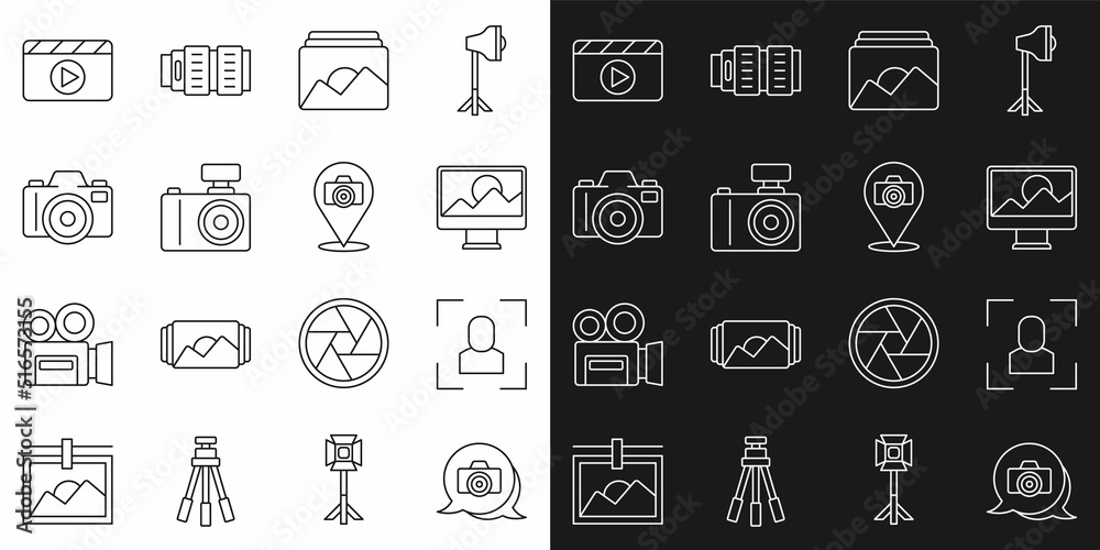 Set line Photo camera, Camera focus frame line, retouching, Movie clapper and icon. Vector