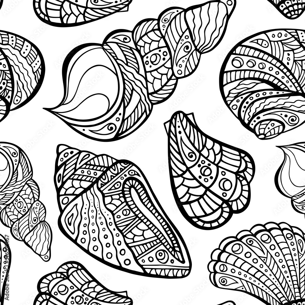 Polynesian shell irregular seamless pattern. Zen art conch endless texture. Maori sea random repeat boundless background. Tribal ocean surface design. Chaotic marine ornament for coloring book