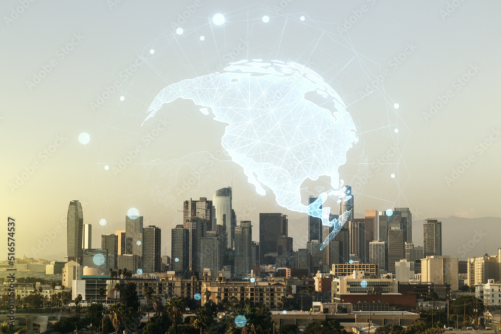 Digital map of North America hologram on Los Angeles cityscape background, global technology concept. Multiexposure