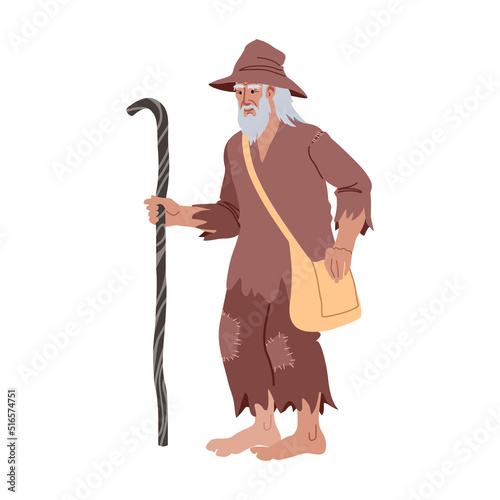 A walking old tramp with a stick and a travel bag. Poor ragamuffin. Vector illustration isolated on a white background in a cartoon and flat design.