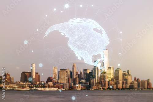 Double exposure of graphic America map hologram on Manhattan office buildings background, big data and digital technology concept