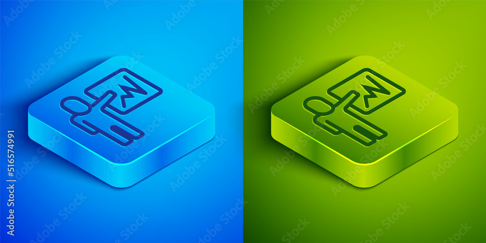 Isometric line Leader of a team of executives icon isolated on blue and green background. Square button. Vector Isometric line Leader of a team of executives icon isolated on blue and green background. Square button. Vector