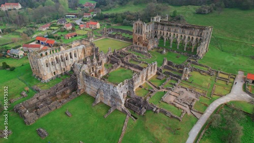 Panoramic View Of Cistercian Abbey In Rievaulx Near Helmsley In The North York Moors National Park, North Yorkshire, England. Aerial Shot photo