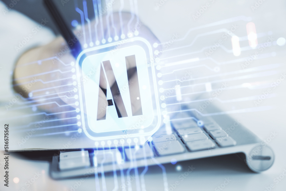 Double exposure of creative artificial Intelligence icon with hand writing in notebook on background with laptop. Neural networks and machine learning concept Double exposure of creative artificial Intelligence icon with hand writing in notebook on background with laptop. Neural networks and machine learning concept