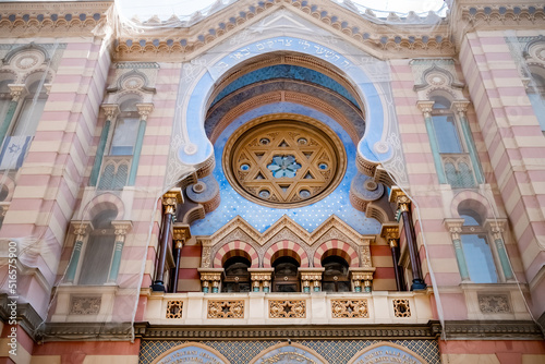 Details of beautiful Jerusalem - Jubilee Synagogue in Prague ,Czech Republic. Art Nouveau decoration. Reconstruction process. photo