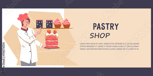 Pastry cake shop banner or flyer mockup with confectioner female character, flat cartoon vector illustration. Advertising banner or leaflet for pastry.