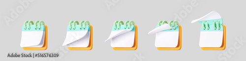 3d calendar icons with flipping paper pages and rings isolated on gray background. Render of daily schedule planner. Calendar events plan, work planning concept. 3d cartoon simple vector illustration