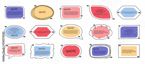 Quote frame set. Hand drawn black geometric box collection with double comma sign, bubble speech and quotation place. Blank template for comment or message, creative banner vector isolated set