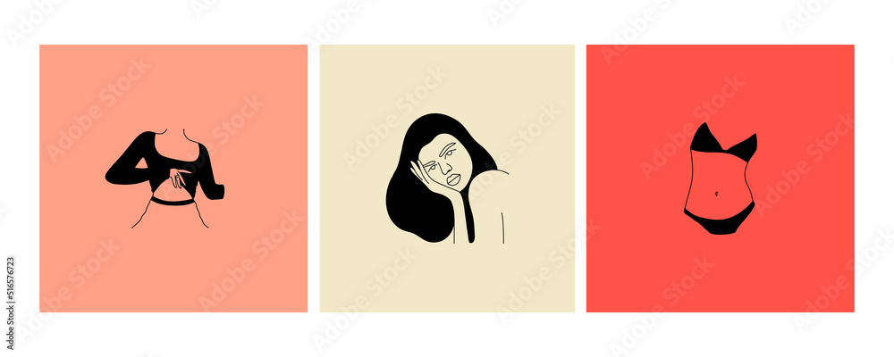 Woman body parts. Young stylish girl. beautiful lady portrait. Hand drawn modern illustrations. Trendy clothes and bikini, bright makeup. Poster, print or card template, black and white vector set