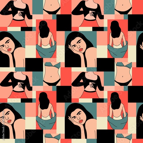 Young stylish girl seamless pattern. Face and body parts, beautiful woman portrait. Hand drawn modern background. Bright makeup. Decor textile, wrapping paper, wallpaper. Vector print or fabric