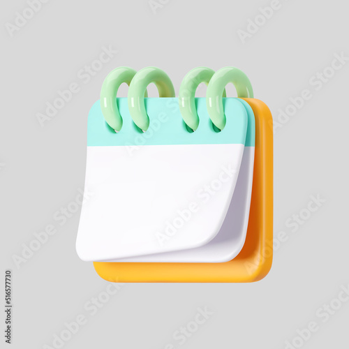 3d calendar icon with flipping paper pages and rings isolated on gray background. Render of daily schedule planner. Calendar events plan, work planning concept. 3d cartoon simple vector illustration