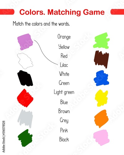 Color stains and words matching game vector illustration, activities for children printable worksheet, educational puzzle watercolor illustration