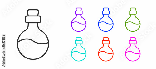 Black line Bottle with love potion icon isolated on white background. Happy Valentines day. Set icons colorful. Vector