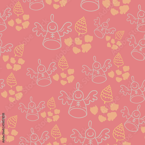 Cute seamless pattern with vector christmas illustrations.Vector hand drawn elements: gifts, socks and hats, abstract spots, confetti. Nice illustration for wrapping paper.