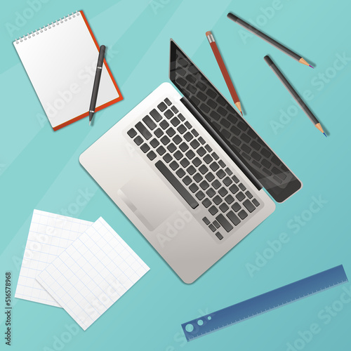 Illustration of a laptop on the table top view, work at the computer, laptop