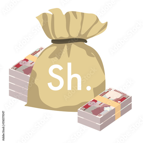 Somali Shilling Vector Illustration. Somalia money set bundle banknotes. Money bag 50 SOS. Flat style. Isolated on white background. Simple minimal design.