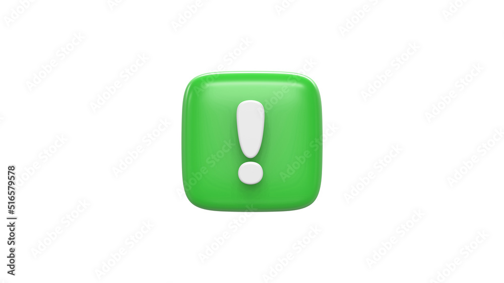 Green exclamation mark symbol and attention or caution sign icon on alert danger problem. Background with warning graphic flat design concept. 3D render Green exclamation mark symbol and attention or caution sign icon on alert danger problem. Background with warning graphic flat design concept. 3D render