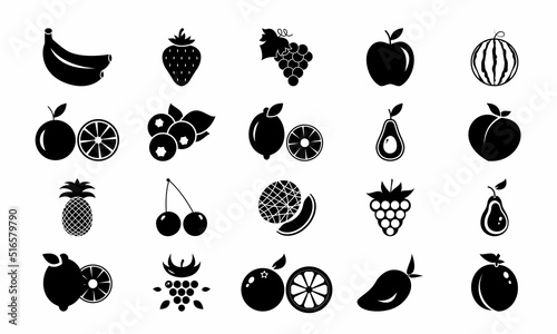 Top 20 fresh fruits vector illustration in black. Set of summer fruits EPS 10. Healthy vegan food. Diet vitamin collection of vegeterian, sweet, nature, glyph, super healthiest and nutritious fruit.