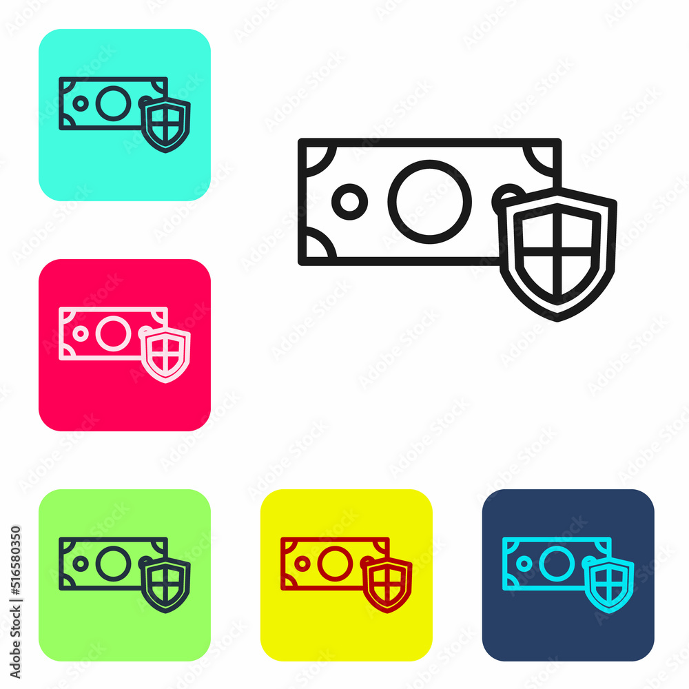 Black line Money with shield icon isolated on white background. Insurance concept. Security, safety, protection, protect concept. Set icons in color square buttons. Vector Black line Money with shield icon isolated on white background. Insurance concept. Security, safety, protection, protect concept. Set icons in color square buttons. Vector