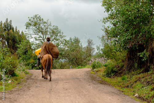 Colombian farmer riding a horse on an earth path. He is wearing a traditional wool poncho. Choconta, Cundinamarca, Colombia.