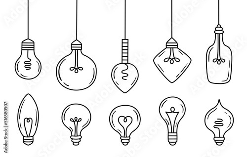 Set of doodle electric light bulb or lamp bulb. Hand draw idea symbol collection. Vector illustration.