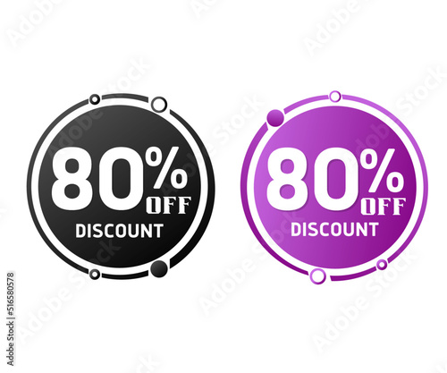 80% off, circle discount tag icon collection. Set of Black and purple sale labels. vector illustration, Eighty