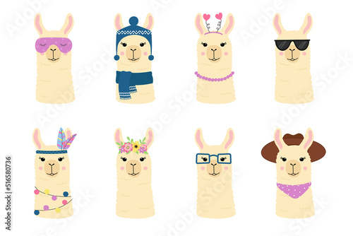 Cute llamas heads collection. Funny alpacas with different accessories. Template for nursery design, poster, stationery, birthday card, invitation, t shirt print, baby shower and party decor