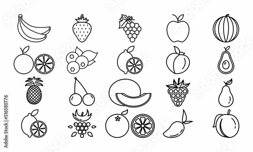 Top 20 fresh fruits vector icon outline. EPS 10. Set summer fruits illustration. Healthy vegan food. Diet vitamin fruit. Collection of vegeterian, sweet, nature, glyph, super healthiest, nutritious.