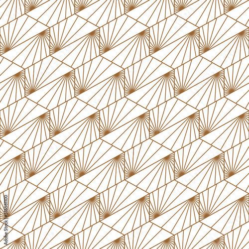 Geometric seamless pattern Flat hexagon drawing with sun lights in gold color lines. use for laminate sheet.