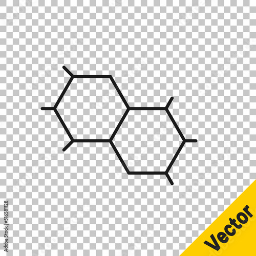 Black line Chemical formula icon isolated on transparent background. Abstract hexagon for innovation medicine, health, research and science. Vector