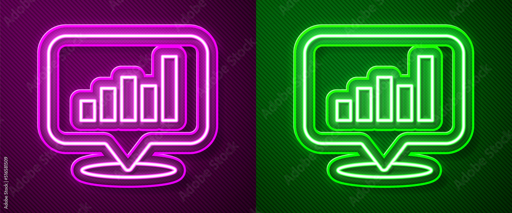 Glowing neon line Pie chart infographic icon isolated on purple and green background. Diagram chart sign. Vector Glowing neon line Pie chart infographic icon isolated on purple and green background. Diagram chart sign. Vector