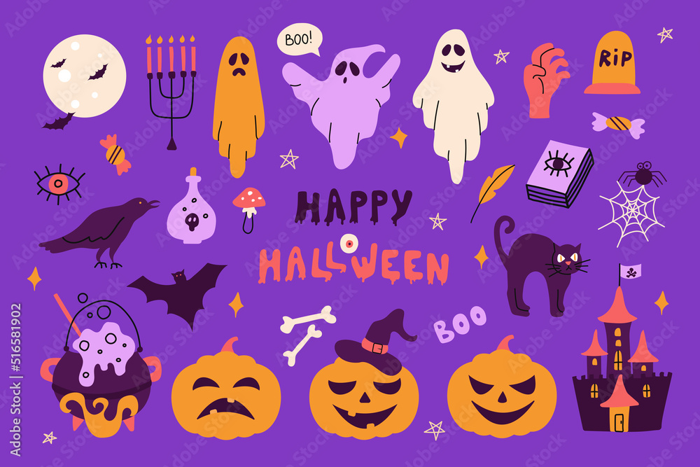 Vector set for Halloween, collection of decorative elements in hand drawn style. Evil pumpkins, haunted castle, bats