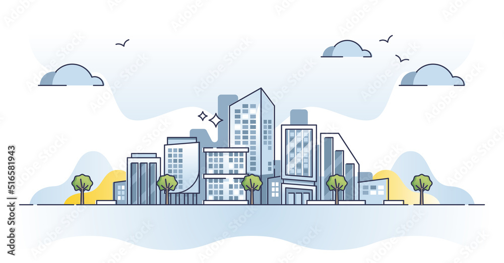 Office buildings with city architecture for business center outline concept. High houses for corporations and finance companies as downtown district for workplaces vector illustration. Urban scene.