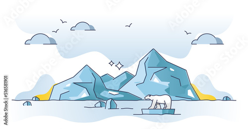 Glacier landscape with ice, snow and permafrost winter outline concept. Antarctica or north pole weather with floating iceberg and ice bears vector illustration. Climate with low temperature habitat.