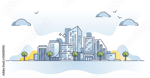 Office buildings with city architecture for business center outline concept. High houses for corporations and finance companies as downtown district for workplaces vector illustration. Urban scene.