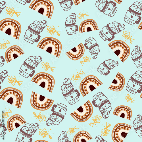 Cute seamless pattern with vector christmas illustrations. Cute vector hand drawn elements: Delicious coffee, spruce and mistletoe branches,candles, confetti. Nice illustration for wrapping paper.