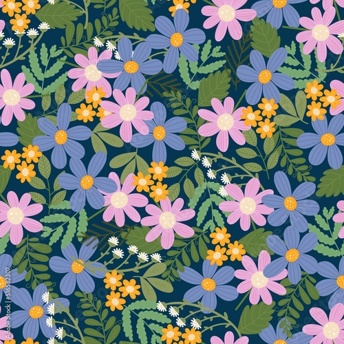 Floral seamless pattern. Colorful pink, purple and yellow flowers on dark background. Raster illustration. Fashion seamless pattern