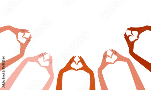Flat vector illustration of hands making a heart shape. A gesture of love, romance and friendship. Banner on a white background.
