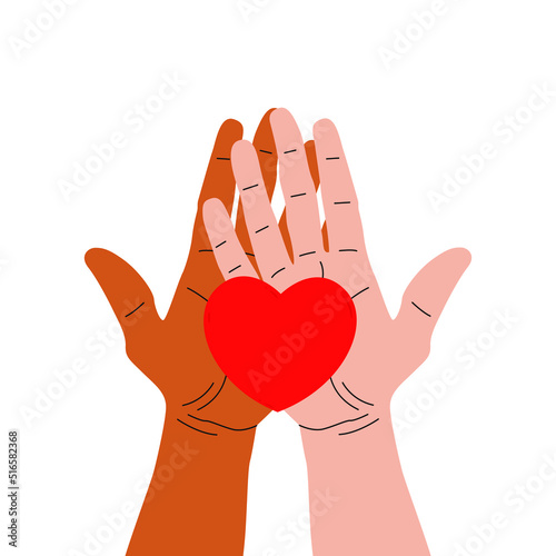 Vector illustration of two interracial hands holding a heart. The concept of charity, donation or volunteering. Help and support of people. A symbol of health and care. White background.