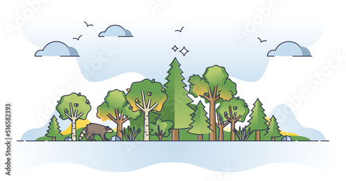 Forest landscape with tree area and natural foliage growth outline concept. Panorama scenery with green plants from moderate temperature and moisture vector illustration.Botanical habitat for animals.