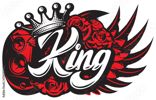 Stylish vector illustration on the theme of rock music with calligraphic inscription King and crown