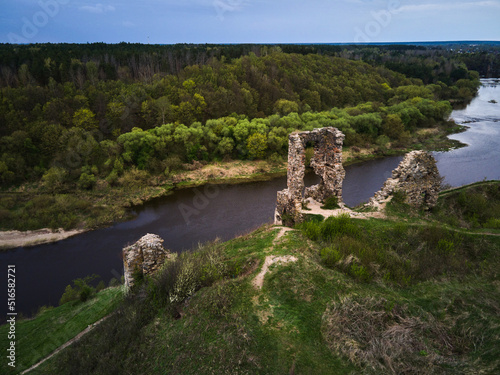 Aerial view of ruins of the castle in Gubkiv, Rivne region, near river Sluch. Travel destinations in Ukraine